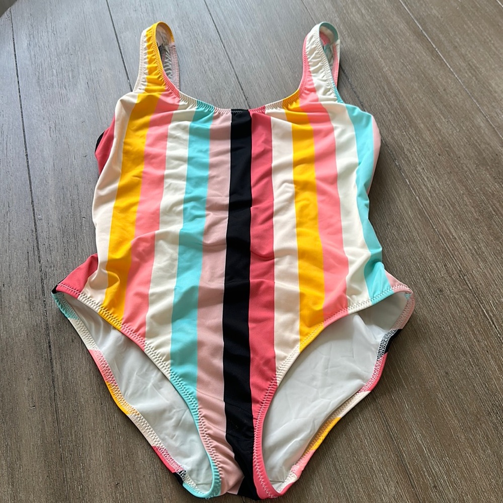 Solid & Striped Rainbow Colorful One Piece Bathing Suit, Medium - LIKE NEW